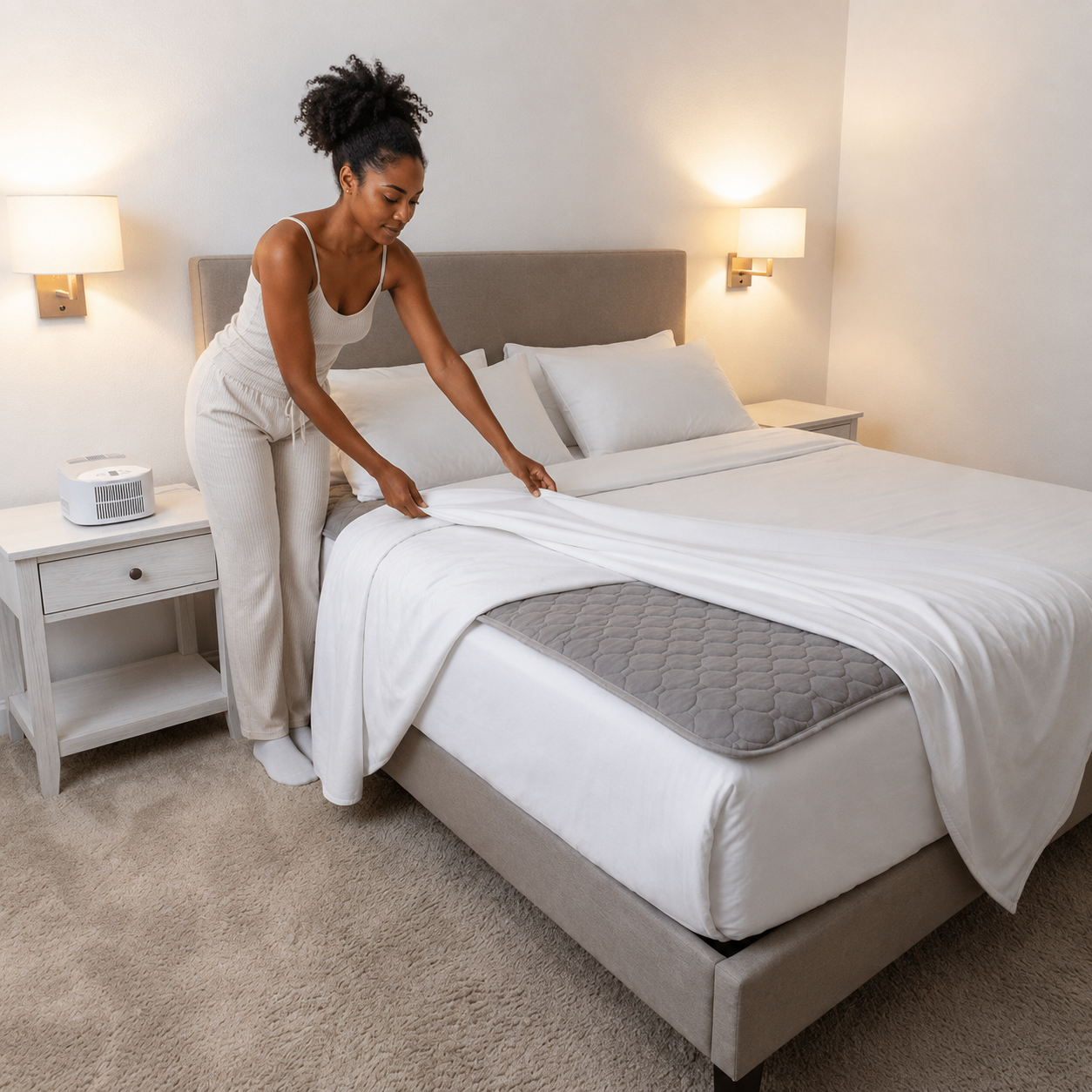 A made bed with the Cooly unit on the nightstand